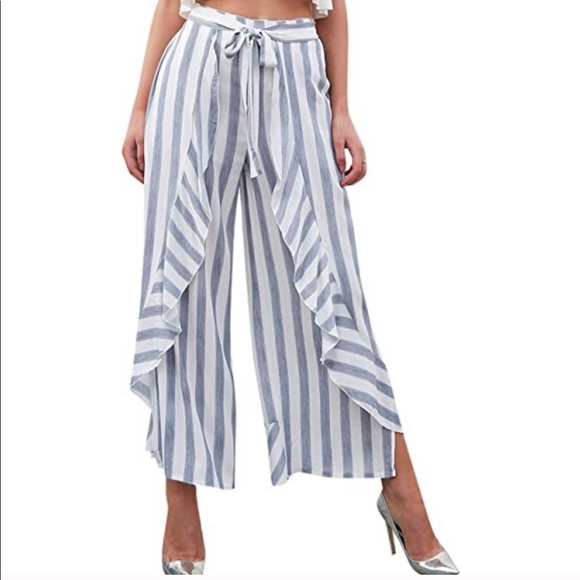 Simplee Stripped Ruffled Pants - Picture 1 of 4